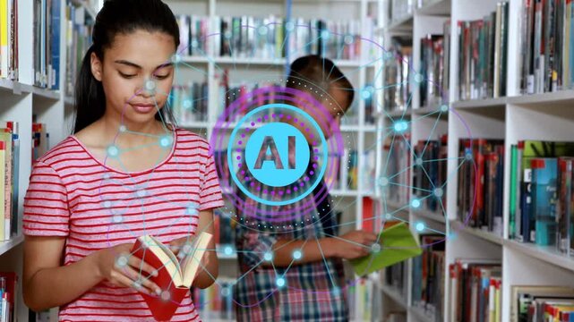 Teen flipping red book in library while peer browsing green book, pulsing AI overlay aiding study