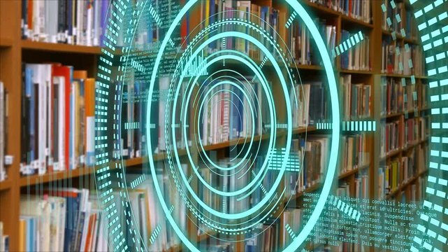 Turquoise HUD activating over shelves rings pulsing camera panning right scanning labels for info