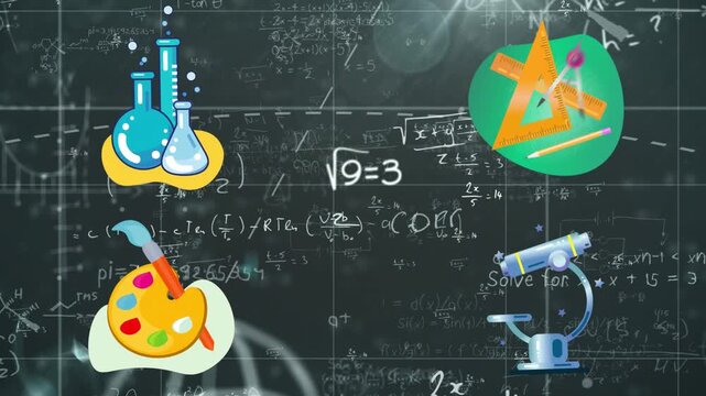 '?9=3' drawing starting four icons glowing, math filling board, globe forming, flares for lesson
