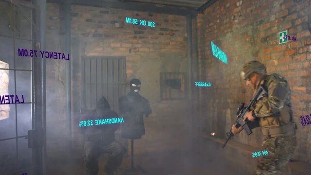 Soldiers sweeping room after ally entry engaging mannequin targets with AR overlay during training
