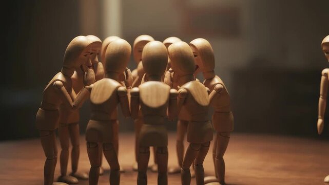 Wooden mannequins in a circle whispering while one figure stands apart. conceptual scene of gossip, exclusion and social isolation.