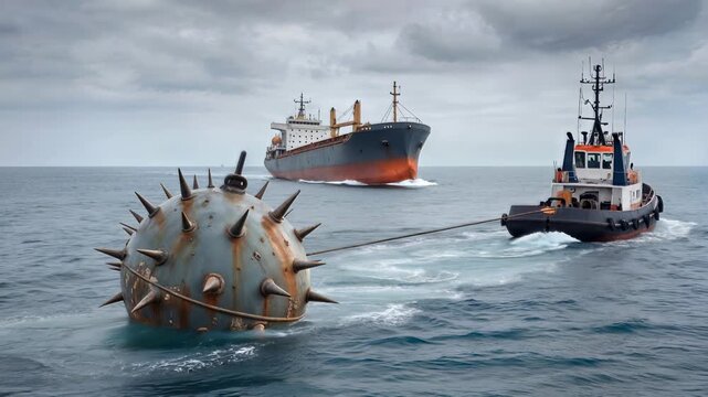 Tugboat towing naval mine through open sea. Cargo ship sailing in background under overcast sky. Panning shot.