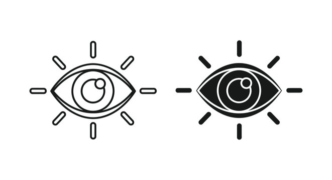 Human eye icon set with surrounding rays for vision perception and focus concept vector illustration