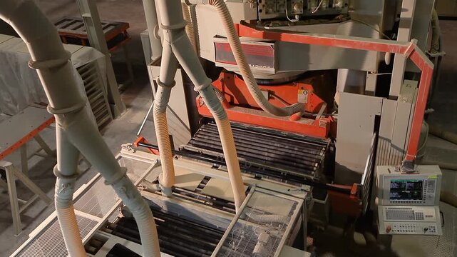 Manufacturing process of ceramic tiles. A production or conveyor line at a ceramic and porcelain tile factory.