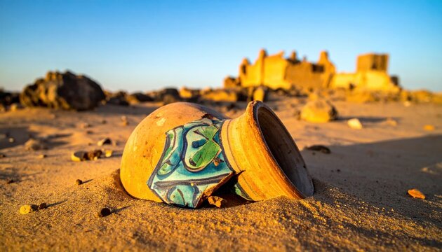 Broken piece of glazed pottery with intricate patterns resting in sandy soil amidst ancient desert ruins under a warm golden hour light.