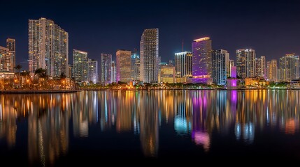 Fototapeta premium Vibrant night city skyline with colorful light reflections on water and modern buildings