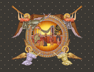 Obraz premium the Presentation of Jesus at the Temple. Decorative vintage illustration with angels in Byzantine style