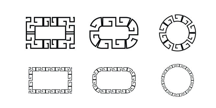 Set of vector frames with greek key pattern, meander border, decorative rectangular, circular frames .