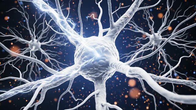 Neuron cell structure with electrical activity ideal for tech startups and software promos