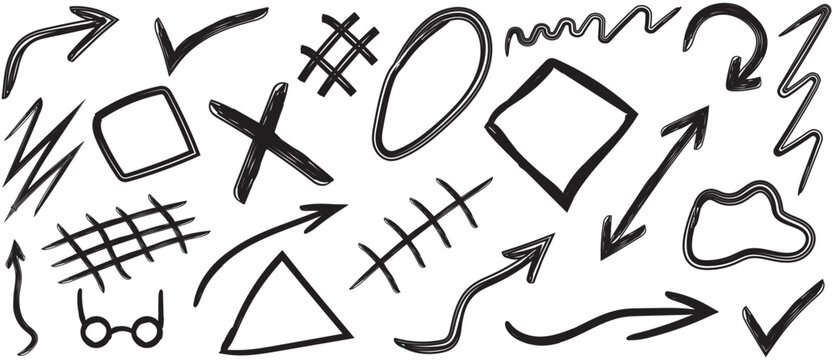 Abstract Hand Drawn Doodle Shapes Set with Arrows and Scribbles  
Collection of hand drawn abstract doodle shapes including arrows, lines, scribbles, and geometric elements in black and white. Perfect