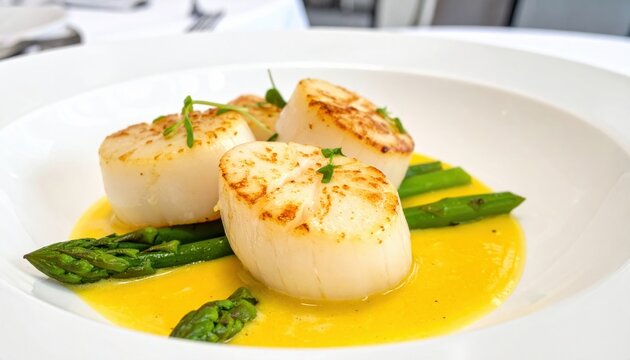 Pan seared sea scallops served with fresh asparagus spears and a rich lemon butter sauce on a minimalist white plate for an elegant gourmet seafood dinner presentation.