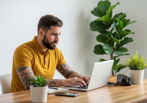 Man with tattoos working on a laptop at a desk in a bright office