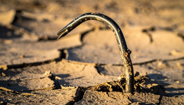 A bent metal tent peg is deeply embedded in the hardened cracked earth of a parched landscape representing the challenges of camping in harsh outdoor conditions.