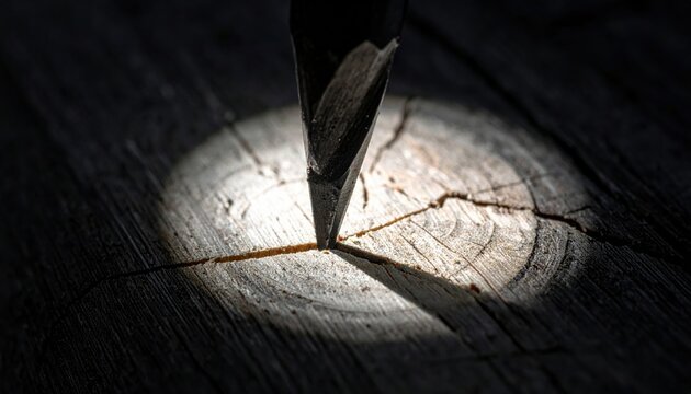 A sharp weathered wooden splinter illuminated by a single concentrated ray of sunlight on a textured timber surface, highlighting natural patterns and structural detail in a dramatic setting.