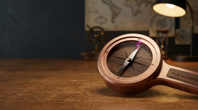 Copper compass on rustic wooden table with vintage map and soft lamp light for navigation goal.