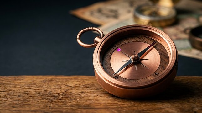 Metallic pocket compass resting on dark surface with blurred vintage maps for travel planning.