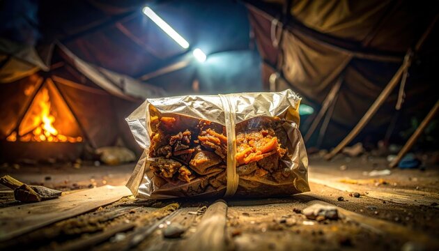 A sealed package of dried food rations sitting on a wooden surface inside a dimly lit tent, captured in a dramatic and moody photographic style.