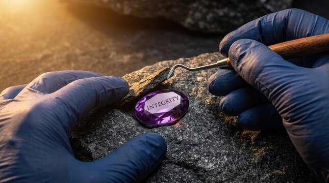Hands in blue protective gloves examining purple integrity gemstone within rough mineral stone.