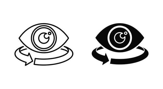 Eye icon with rotation arrows in outline and solid vector styles for 360 view and virtual reality experiences