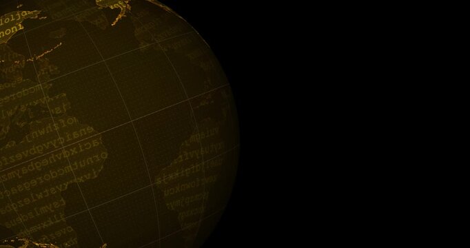 An orange tech earth globe at the left side of the screen with a word code blinking and a black background