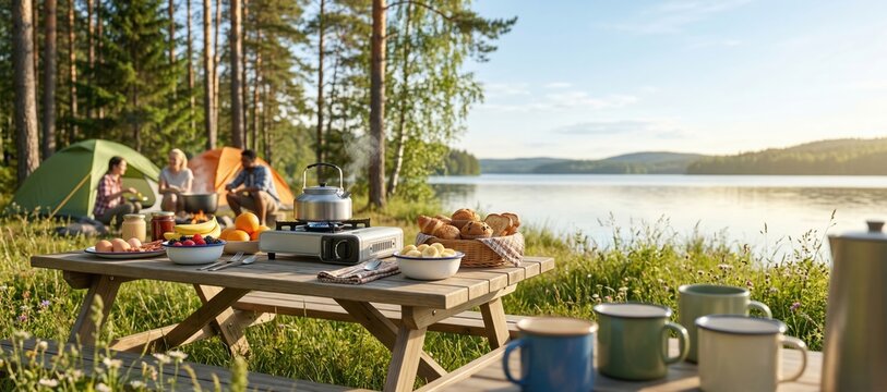 Extra wide summer camping breakfast scene with clean wooden table by lake