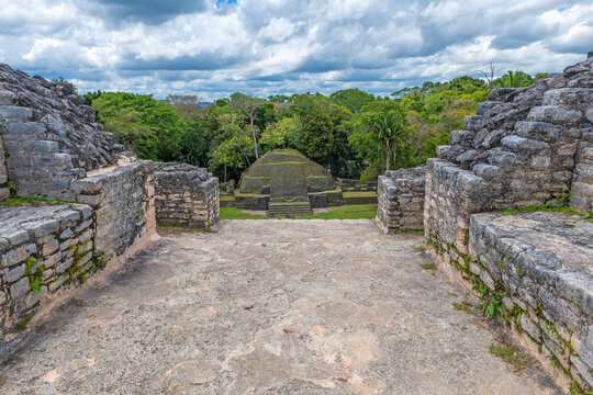 Mayan Water Lily Temple seen from Caana Pyramid, Caracol, Cayo district, Belize.