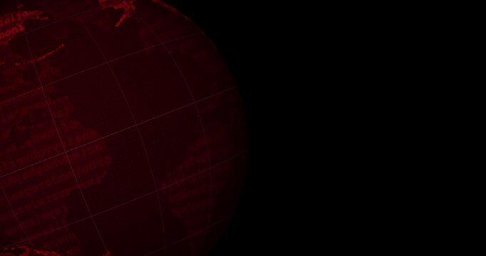 A red neon tech earth globe at the left side of the screen with a word code blinking and a black background