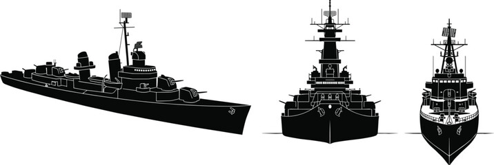Warship silhouettes collection with naval military vessels, battleship profiles and sea defense ships for maritime, army and defense design projects © SunilKumar