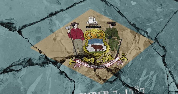 A panning video of a cracked wall with The delaware state flag of the United States of America