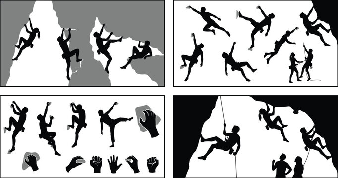 Mega collection of rock climbing silhouettes featuring bouldering maneuvers overhang climbing rappelling and detailed hand grip techniques isolated on white.