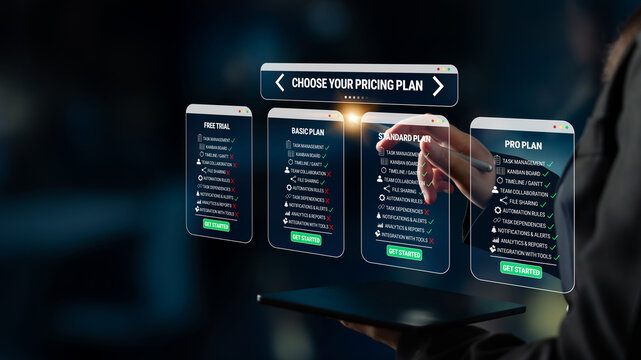 User selecting pricing plan on futuristic digital interface with options for free trial, basic plan, standard plan, and pro plan in a modern business setting Quark.