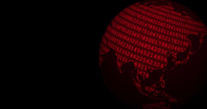 A neon red globe earth spinning with a blinking number code codification at the right side of the screen and a black background