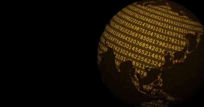 A neon orange globe earth spinning with a blinking number code codification at the right side of the screen and a black background