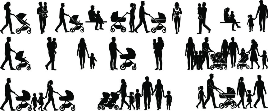 Parents with strollers silhouettes collection featuring families walking with babies, childcare activities and parenting lifestyle scenes for social and family design projects