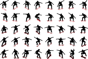 Fototapeta premium Skateboarder silhouettes collection with street skating tricks, jumps and freestyle poses for extreme sport, urban culture and youth lifestyle design projects