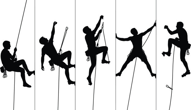 Set of five rock climbing silhouettes featuring lead climbing rappelling and technical bouldering maneuvers with ropes and harnesses isolated on white.