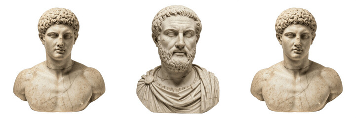 Obraz premium Classic Marble Bust of Ancient Greek Philosopher Isolated PNG, Historical Sculpture Art for Museum and Education Desig