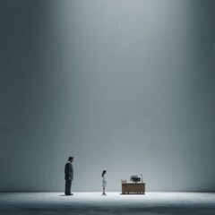 Obraz premium Miniature businesswoman giving presentation to enormous disinterested client in dramatic office setting