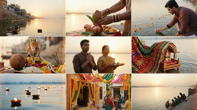 Cheti Chand festival celebration with offerings, traditional attire, and decorative elements along the riverbank at sunset