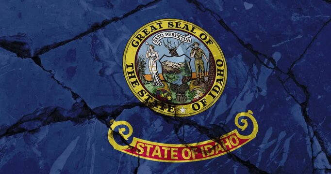 A panning video of a cracked wall with The idaho state flag of the United States of America