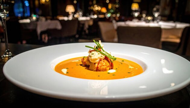 A gourmet bowl of creamy lobster bisque garnished with fresh chives, served elegantly in a shallow white plate inside a dimly lit upscale restaurant setting.