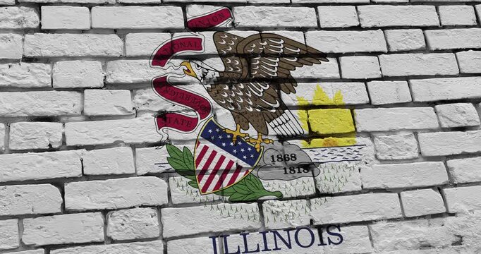 A panning video of a brick wall with the illinois state flag of the United States of America