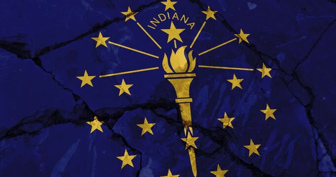 A panning video of a cracked wall with The indiana state flag of the United States of America