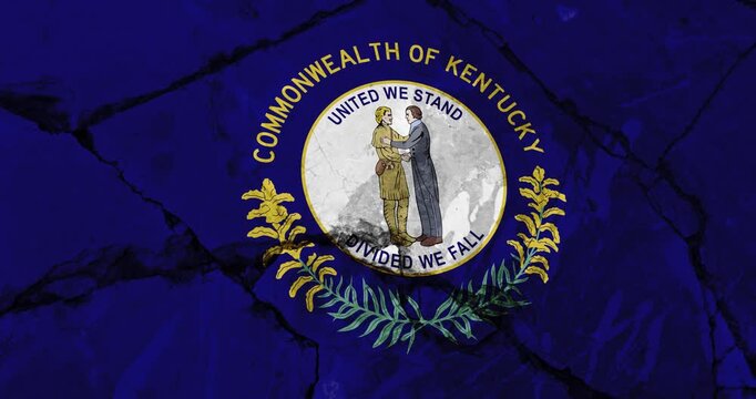 A panning video of a cracked wall with The kentucky state flag of the United States of America
