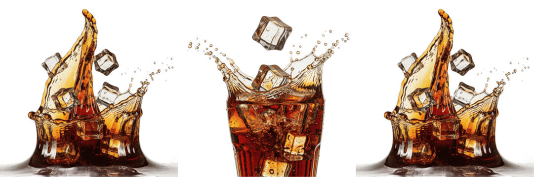 Refreshing Glass of Cola with Ice Cubes Splash Isolated PNG, Dynamic Soda Drink Beverage for Bar Menu and Fast Food Design