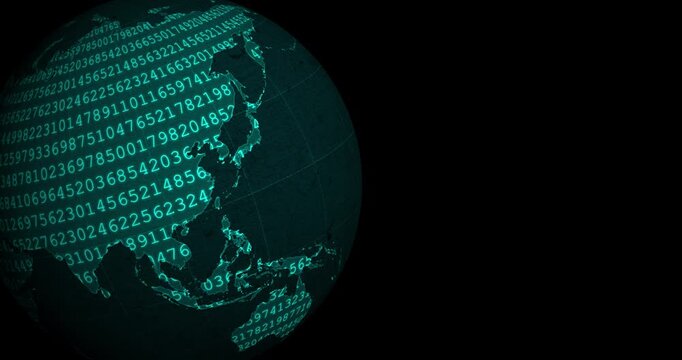 A neon blue globe earth spinning with a blinking number code codification at the left side of the screen and a black background