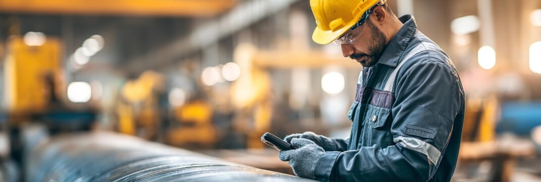 A man in a blue jacket and a hard hat is looking at a cell phone. He is wearing a safety vest and a hard hat