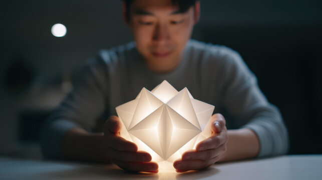 Artificial intelligence inspires large language models LLM to create innovative designs with glowing geometric shapes held by person in dim light