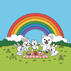 Fototapeta premium White Cartoon Animals Picnic Under Rainbow