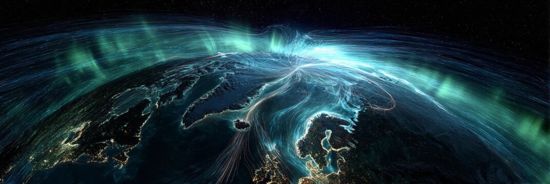 A planet with a blue and green glow surrounding it. The planet is lit up with a blue and green light